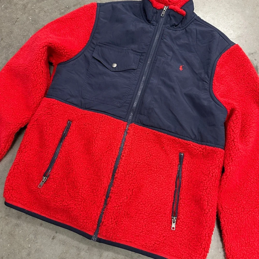 Polo Ralph Lauren Kids XL 18-20 Red Navy Blue Sherpa Fleece Hybrid Jacket